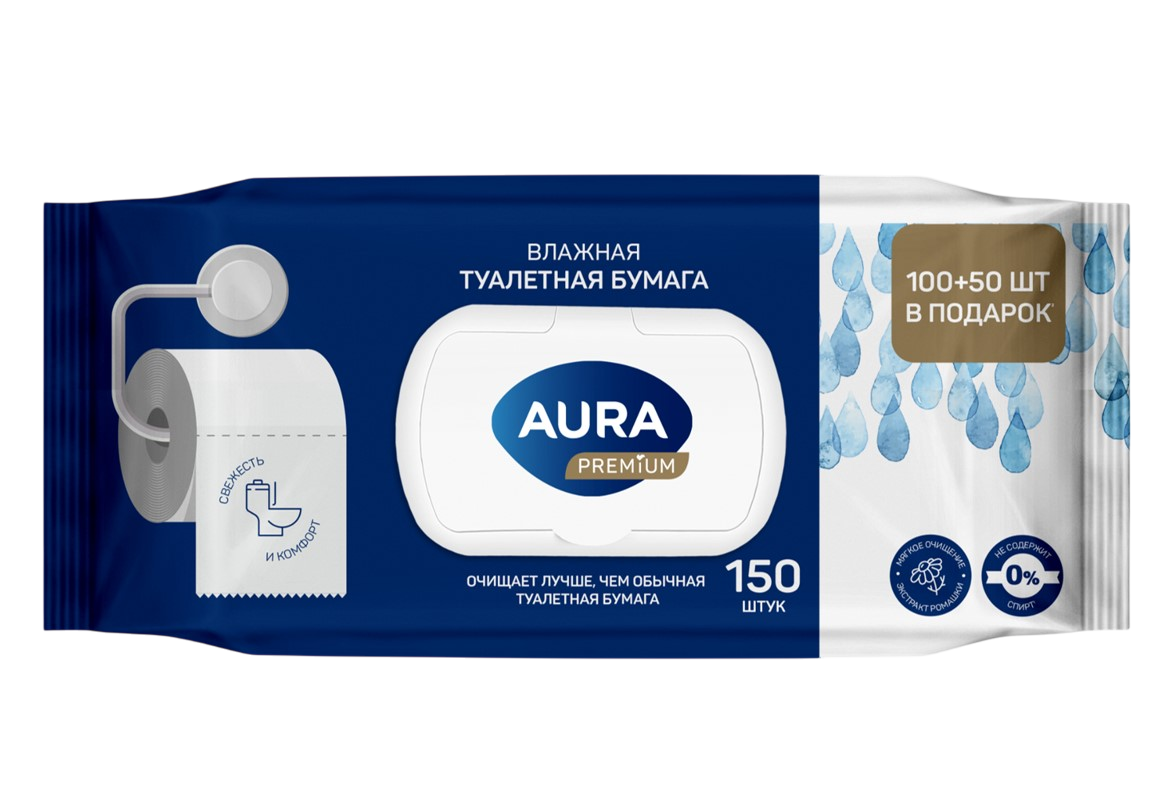 Aura premium влажная туалетная бумага big pack с крышкой 150 шт