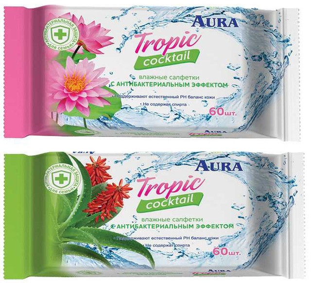 AURA tropic cocktail антибактериальные влажные салфетки 60 шт в ассортименте 24шт в кор
