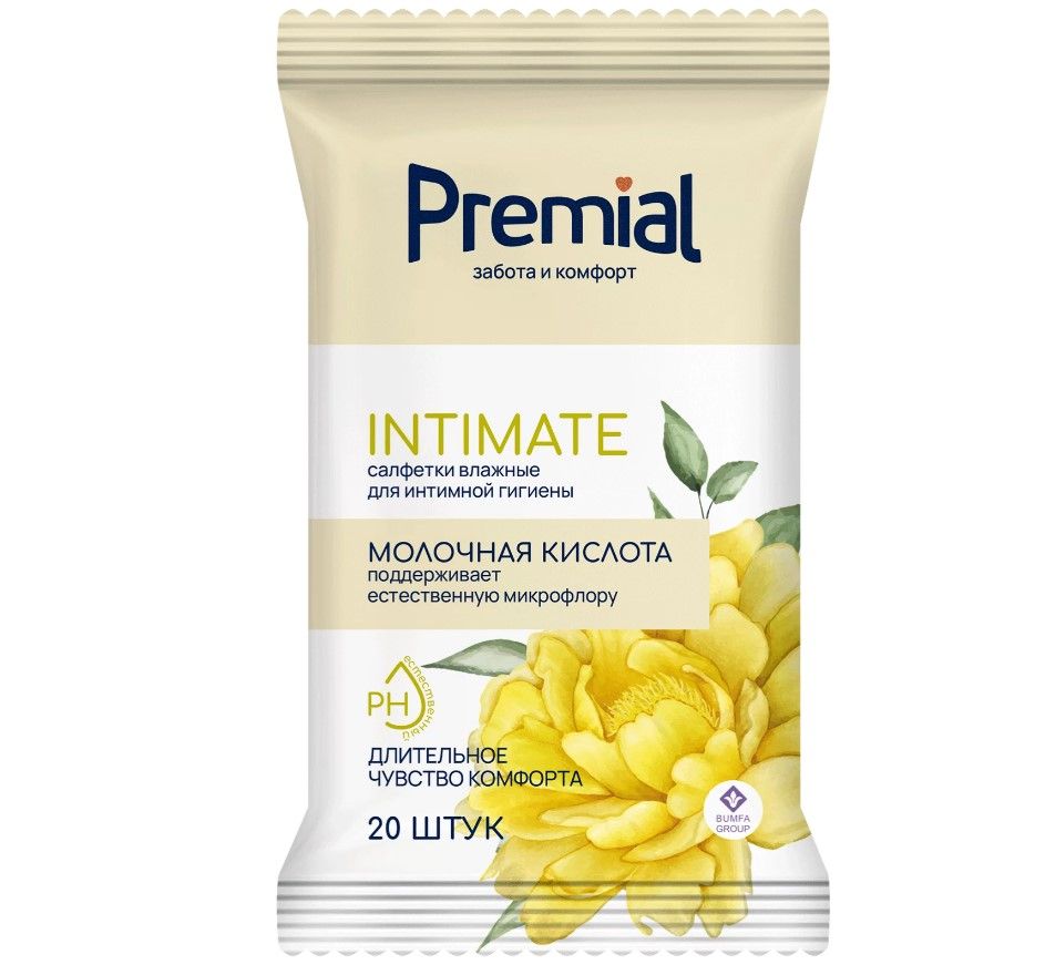 Premial салфетки влажные для женской гигиены с молочной кислотой 20 шт