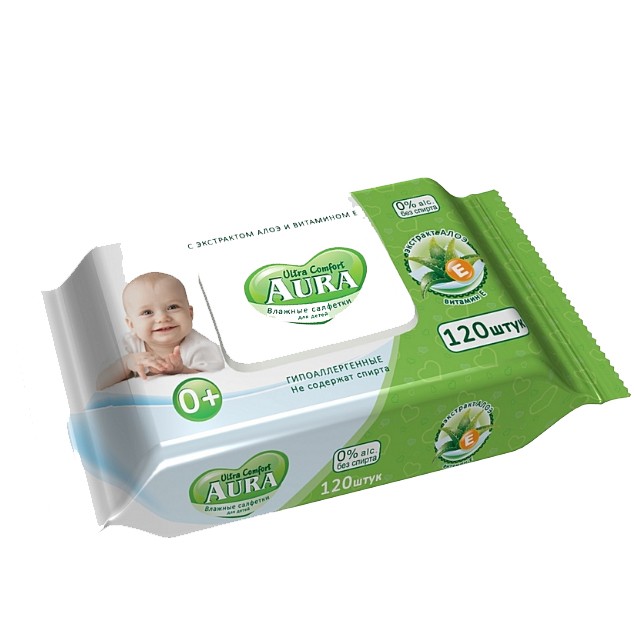AURA Ultra Comfort Влажные салфетки для детей с АЛОЭ и ВИТАМИНОМ Е, 120шт с крышкой