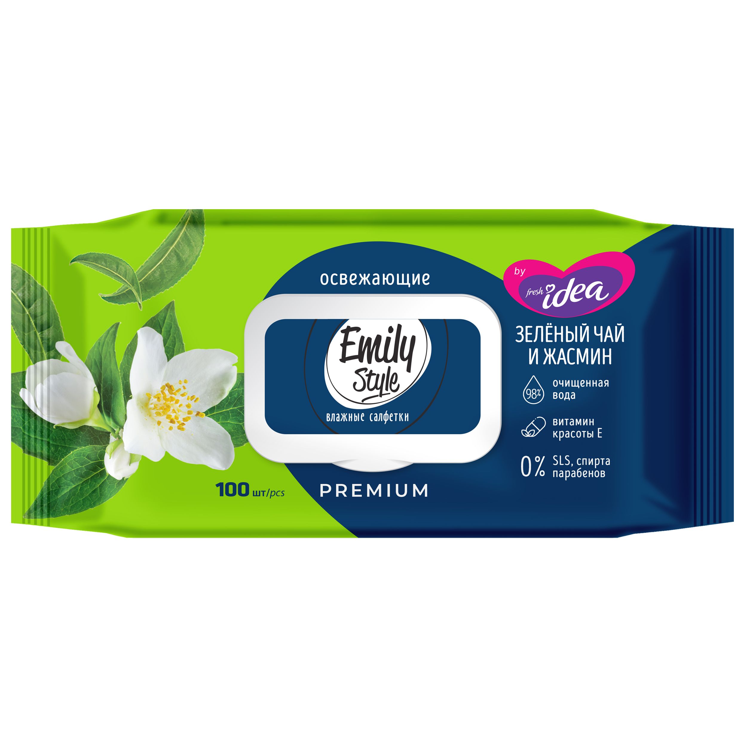 Emily style premium салфетки влажные by fresh idea зелёный чай с жасмином 100 шт