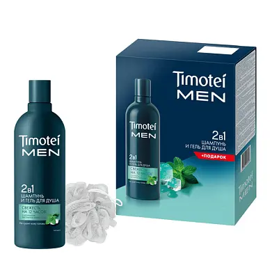 Подарочный набор Timotei Men Чистота и Комфорт 2026 шампунь для волос и гель для душа 2 в1 360 мл+мочалка