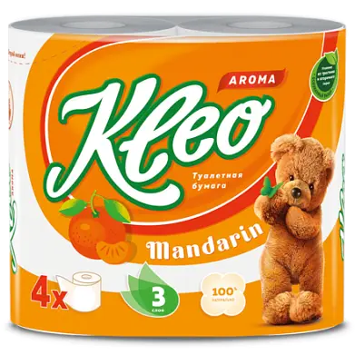 Бумага туалетная  'Kleo' аромат Мандарин, 3 слоя, 4 рулона