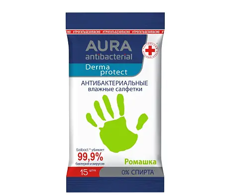 Aura влажные антибактериальные салфетки ромашка 15 шт