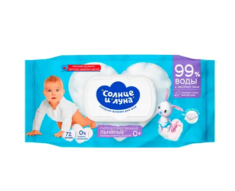 Солнце и луна eco салфетки влажные детские льняные 99% воды с экстрактом семян льна 72 шт с крышкой
