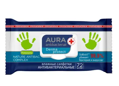 Aura влажные салфетки антибактериальные ромашка big с крышкой 72 шт 