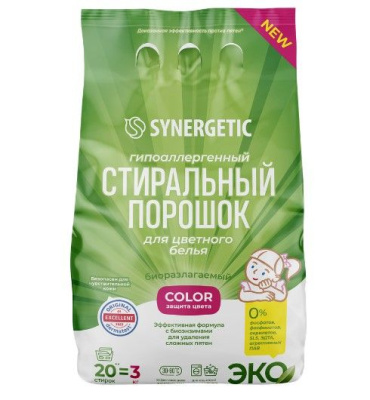 Synergetic гипоаллергенный стиральный порошок для цветного белья color 3 кг 