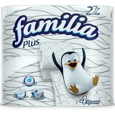 'Familia Plus' Туалетная бумага белая двухслойная, 4 шт (16шт в кор) 