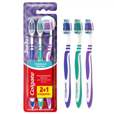 Colgate зубная щетка зиг заг многофункциональная средней жесткости промоупаковка 2+1 