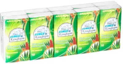 Семья и Комфорт платочки бумажные 3 х слойные алоэ не менее 1 спайки = 10 пачек 1шт = 1 пачка 