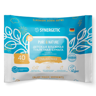 Synergetic детская влажная туалетная бумага pure nature пантенол и овсяное молочко 40 шт 