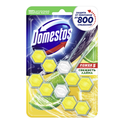 Доместос сила 5 в1 блок для унитаза свежесть лайма защита от микробов и налета 2х55 гр 