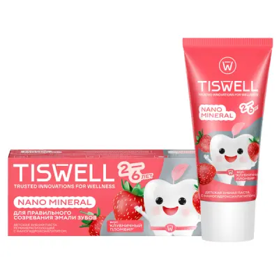 Tiswell зубная паста детская реминерализующая от кариеса с наногидроксиапатитом и фтором клубничный пломбир 2–6 л 60 гр 