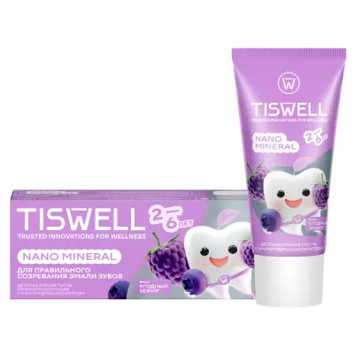 Tiswell зубная паста детская реминерализующая от кариеса с наногидроксиапатитом и фтором ягодный зефир от 2–6 лет 60 гр 