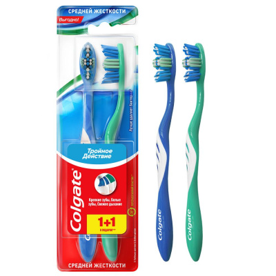 Colgate зубная щетка тройное действие многофункциональная средней жесткости промоупаковка 1+1 