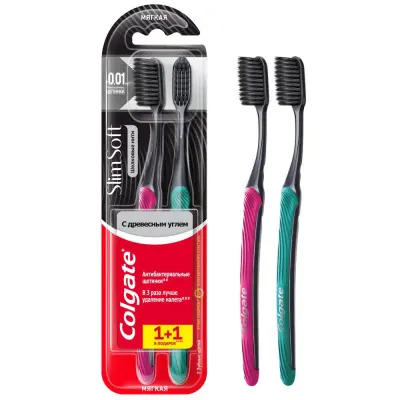 Colgate зубная щетка шелковые нити с древесным углем для здоровья десен мягкая черная промоупаковка 1+1 
