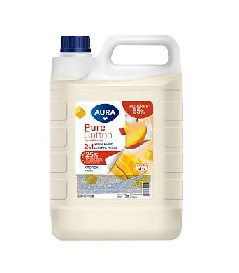 Aura pure cotton крем мыло 2 в1 для рук и тела хлопок и манго канистра 5000 мл