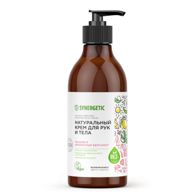 Synergetic натуральный крем для рук и тела пачули и ароматный бергамот 380 мл 
