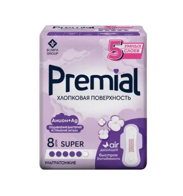 Premial прокладки женские гигиенические с крылышками super хлопковая поверхность 8 шт 