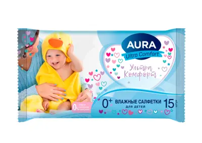 Aura ultra comfort влажные салфетки для детей алоэ витамины 15 шт 