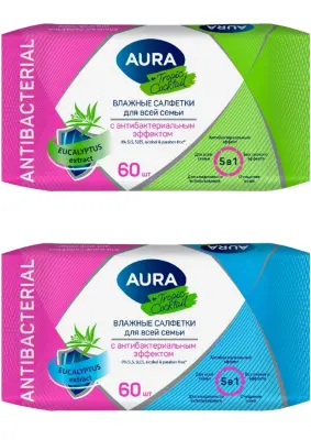 Aura антибактериальные влажные салфетки 60 шт в ассортименте 
