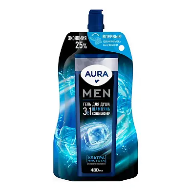 Aura men гель для душа 3 в1 ультра чистота дой пак 480 мл