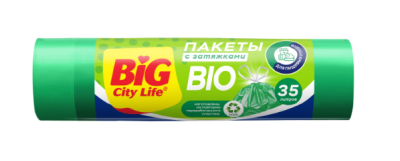 BIG City пакеты для мусора с затяжками bio 51*53 см 35 л 15 шт зелёные 