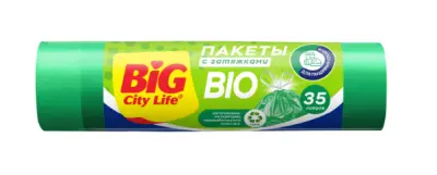 BIG City пакеты для мусора с затяжками bio 51*53 см 35 л 15 шт зелёные 