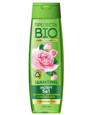 Прелесть Био шампунь с гидролатом розы 5в1 для поврежденных и секущихся волос 400 мл 