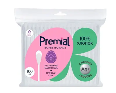 Premial ватные палочкив пакете с 100 шт 