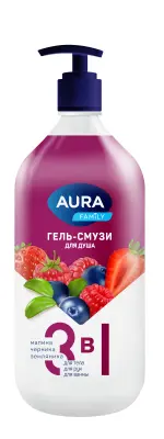 Aura гель смузи для душа 3 в1 малина черника земляника new флакон дозатор 1000 мл 