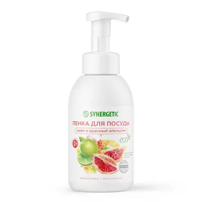 Synergetic биоразлагаемая гипоаллергенная пенка для мытья посуды детской посуды и игрушек лайм и красный апельсин 500 мл 