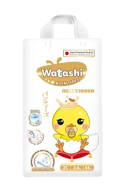Watashi royal soft детские одноразовые подгузники 2 s 3-6 кг 64 шт