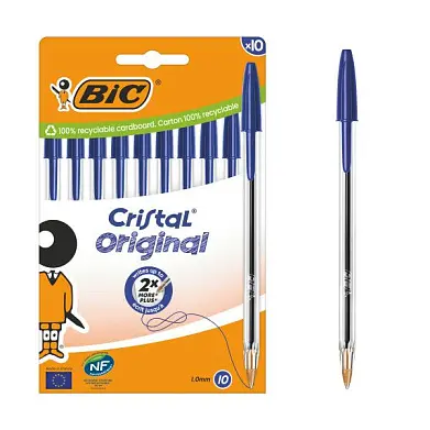 Bic ручка кристал шариковая синяя среднее письмо прозрачный корпус кор 10 шт