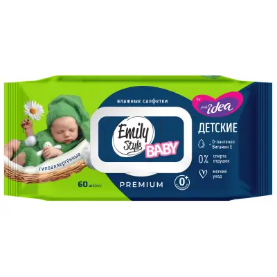 Emily Style премиум влажные салфетки детские гипоаллергенные без отдушки с крышкой 0+* зел гол 60 шт 