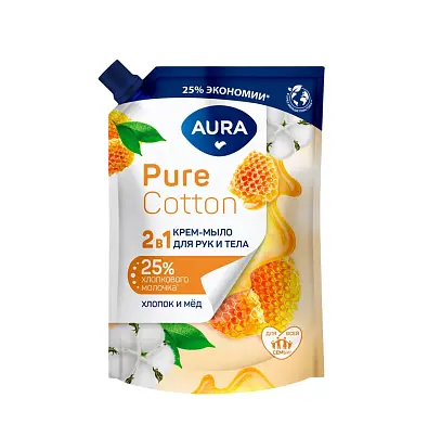 Aura pure cotton жидкое мыло 2 в1 для рук и тела хлопок и мёд дой пак 450 мл