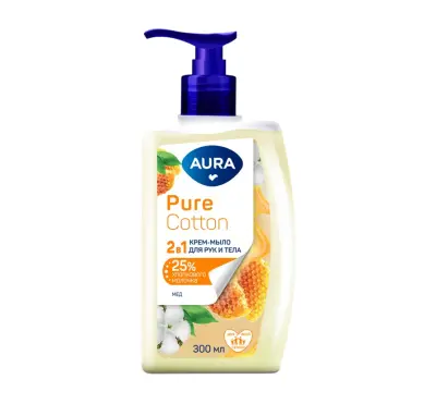 Aura Pure cotton крем мыло 2 в1 для рук и тела хлопок и мёд флакон дозатор 300 мл 