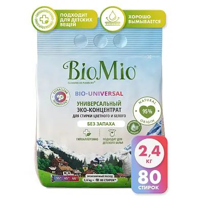 BioMio bio универсальный экологичный порошок для стирки цветного и белого белья концентрат без запаха 2,4кг