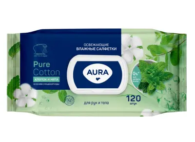 Aura влажные салфетки освежающие big с крышкой 120 шт 