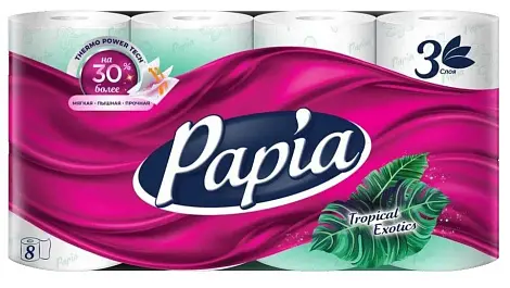 Papia туалетная бумага белая с аром тропическая экзотика и рисунком трёхслойная 8 шт
