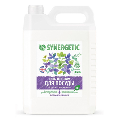Synergetic биоразлагаемый гель бальзам для мытья посуды и детских игрушек базилик и свежая мята 5 л 