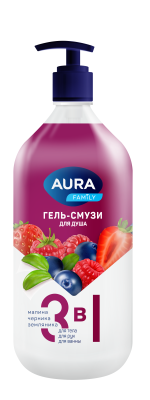 Aura family гель смузи для душа 3 в1 малина черника земляника new флакон дозатор 1000 мл 