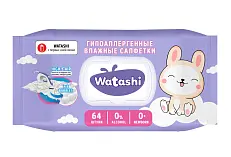 Watashi влажные салфетки для детей 0+ big с крышкой 64 шт