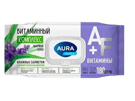 Aura влажные салфетки с антибактериальным эффектом big с крышкой 180 шт