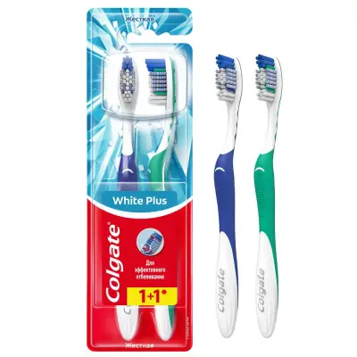 Colgate white plus зубная щетка отбеливающая жесткая промоупаковка 1+1 