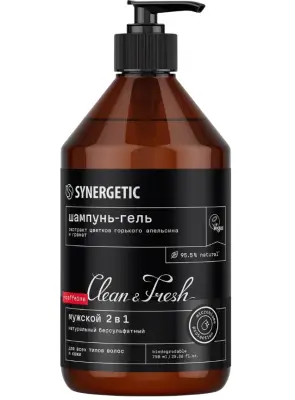 Synergetic натуральный бессульфатный шампунь гель для душа мужской 2 в 1 750 мл 