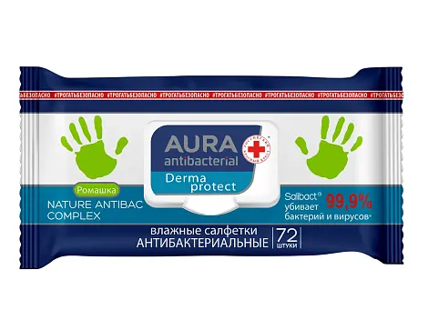 Aura влажные салфетки антибактериальные ромашка big с крышкой 72 шт