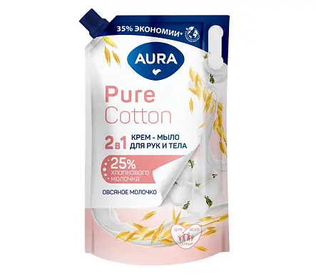 Aura Pure cotton крем мыло 2 в1 для рук и тела хлопок и овсяное молочко дой пак 850 мл