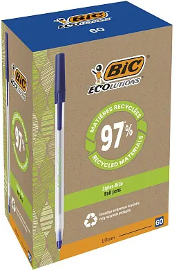 Bic ручка шариковая bic round stic ecolutions с пишущим узлом средней толщины 1,0 мм синий цвет коробка 60 штук