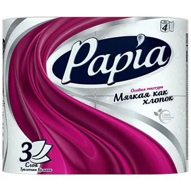 'Papia ' Туалетная бумага белая трёхслойная, 4 шт